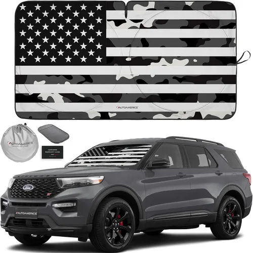 Vista 46 de Autoamerics Parasol para parabrisas de 1 pieza, diseño de camuflaje marrón con bandera estadounidense de Estados Unidos, parasol plegable