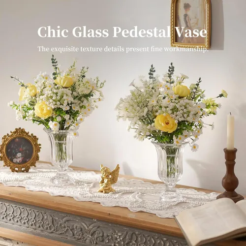Vista 2 de Glasseam Jarrón de cristal con pedestal para flores, juego de 3 jarrones de compota de 7.5 pulgadas de alto, jarrones transparentes para centros