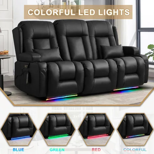Vista 7 de URRED Sofá reclinable de dos plazas con masaje y calor, sofá biplaza reclinable eléctrico con consola, asiento de cine en casa con luces LED, Negro
