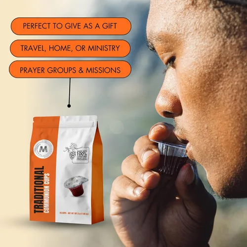 Vista 6 de The Miracle Meal - Paquete de viaje – Taza de comunión tradicional prellenada – Bolsa de 25 con oblea y 100% jugo de uva Concord