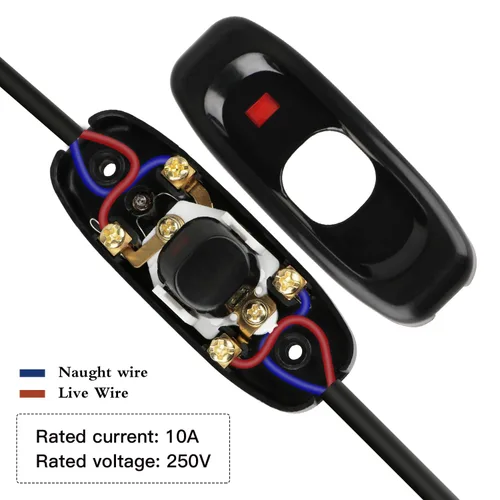 Vista 5 de Helunsi 2 Piezas Interruptor en Línea, Interruptor Negro de Cable para Electrodomésticos, Botón ON OFF para Lámpara, Clasificado 10A 250V, Control