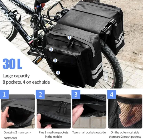 Vista 3 de Bolsa de doble alforja para portaequipaje trasero de bicicleta de 30L, bolsa de tronco de bicicleta impermeable, bolsa de alforja de bicicleta