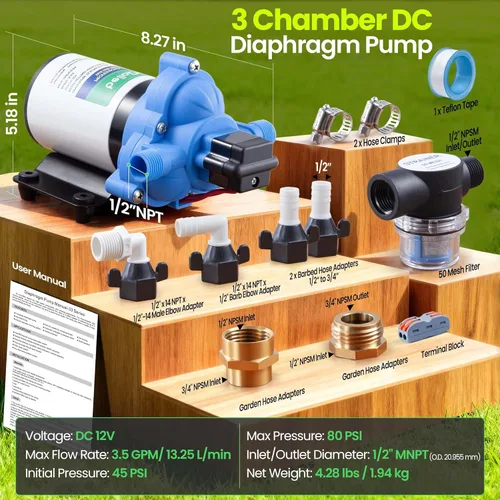 Vista 5 de Bomba de agua de 12 V, motor de cobre puro de 3.5 GPM bomba de diafragma autocebante con interruptor de presión ajustable de 40-80 PSI para RV, uso