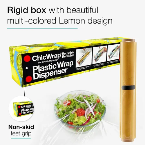 Vista 3 de Dispensador recargable de envoltura de plástico ChicWrap con limón - Incluye un rollo de 12" x 250 pies de envoltura de plástico de grado