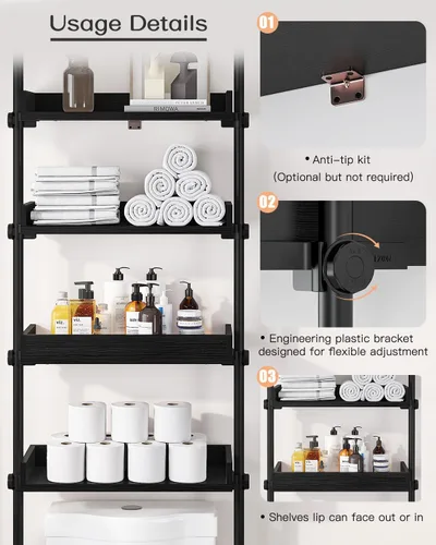 Vista 3 de ALLZONE Almacenamiento de 4 niveles sobre el inodoro, organizador de baño ajustable de madera sobre el inodoro, estantes independientes, se adapta a