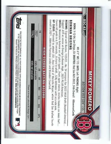 Vista 2 de MIKEY ROMERO 2022 Bowman Chrome Draft 1st #BDC42 Baseball Rookie Card RC Boston Red Sox
