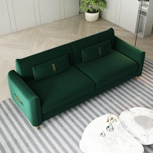 Vista 6 de Kadway Sofá biplaza verde, sofá de terciopelo de 86 pulgadas para 3-4 personas, moderno sofá tapizado con patas de metal dorado, sofá biplaza, sofás