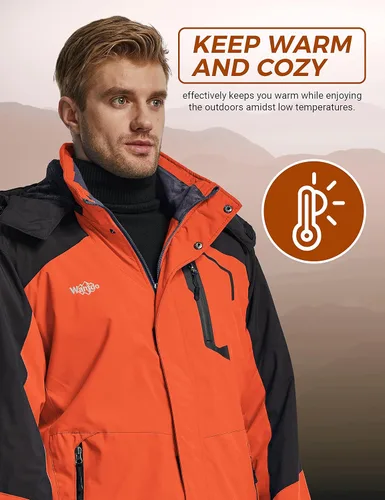 Vista 3 de Wantdo - Chaqueta de esquí impermeable con capucha cálida resistente al viento la lluvia y el invierno para hombre