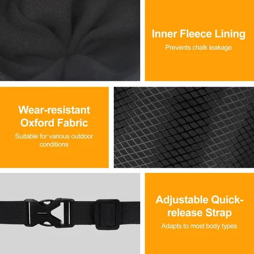 Vista 7 de supregear Bolsa de tiza para escalada en roca, bolsillo grande con cremallera con soporte para cepillo, cierre de cordón y clip de mosquetón, ideal