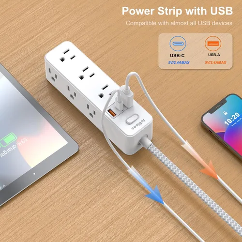 Vista 3 de Regleta de alimentación de enchufe plano con protector de sobretensiones, cable de extensión ultradelgado de 5 pies con 3 cargadores de pared USB