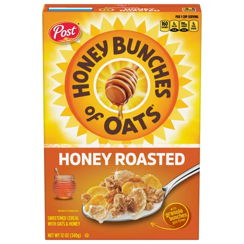 Honey Bunches of Oats Tostado con miel, saludable para el corazón, bajo en grasa, hecho con cereales integrales, 12 onzas, 12 cajas