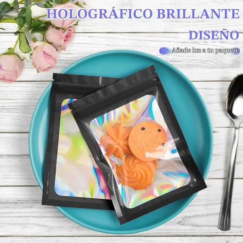 Vista 3 de Jetmore 100 bolsas negras a prueba de olores, bolsas de mylar, bolsas holográficas con ventana transparente, bolsas resellables para pequeñas Negro