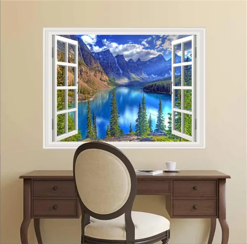 Vista 5 de Pintura autoadhesiva 3D, calcomanías de pared falsas para ventana, isla tropical con palmeras, mural de pared, vista de ventana, decoración de pared