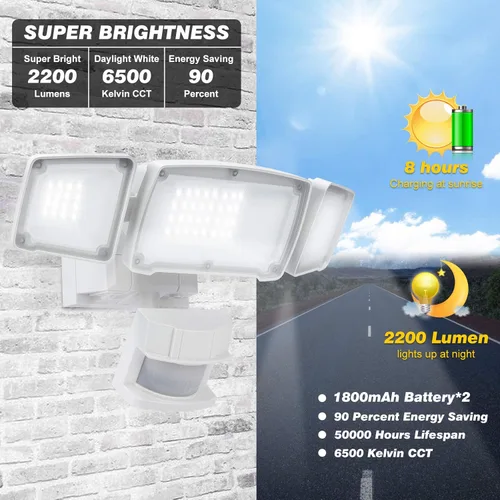 Vista 2 de Luces solares de seguridad con sensor de movimiento, luces LED de 2200 lm para exteriores con 3 cabezales de iluminación ajustables, 6500 K, IP65
