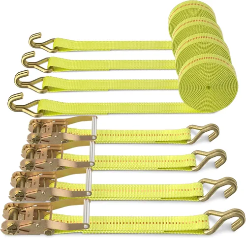 Vista 10 de Correas de trinquete con gancho plano - Correas de amarre resistentes - 2 pulgadas x 27 pies - Correa resistente a la intemperie - Límite de carga