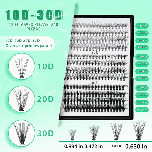 Vista 3 de Bodermincer Extensión de pestañas 240 unidades, rizado D, 10D+20D+30D, 10-16 mm/12-18 mm mezclado, racimo individual de pestañas postizas