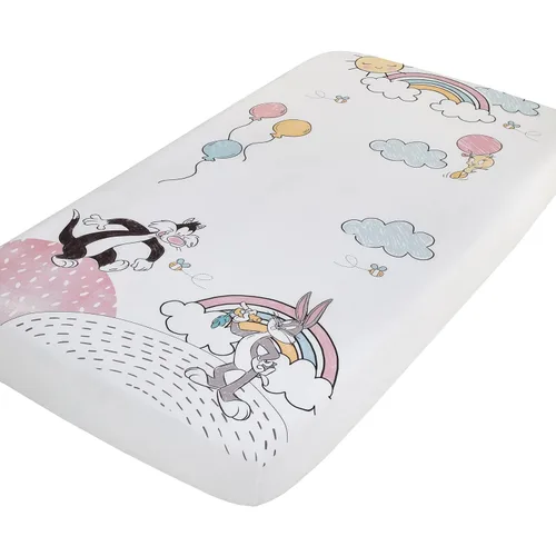 Warner Brothers Looney Tunes Best Buds - Sábana bajera ajustable para cuna, color blanco, azul pastel, rosa y amarillo Bugs Bunny, Tweety y