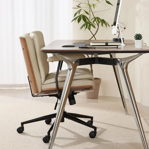 Vista 12 de Armless Modern Walnut Office Desk Chair with Wheels, PU Leather Adjustable Wide Swivel Executive Task Chair, Ergonomic Cross Legged Computer Chair