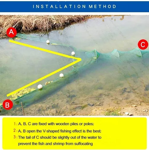 Vista 5 de EEL Fishing Net Mesh Trap 8m/10m Trailing Folding Crab Cage with Iron Chain Bobber for River Block Fishing