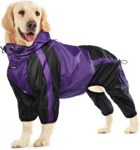 Vista 9 de Chubasquero para perros, chaqueta ligera de lluvia, poncho ajustable de 4 patas para mascotas con capucha, chaleco impermeable a la nieve, ropa