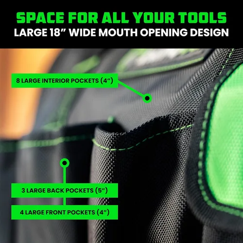 Vista 4 de Rhino USA Bolsa de herramientas (18 pulgadas) resistente de boca ancha con cremallera para hombres, bolsas grandes de herramientas con bolsillos