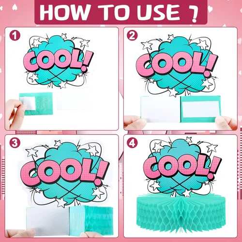 Vista 3 de Hotop 8 piezas de decoración de fiesta de héroe, centros de mesa de panal de abeja, letrero de acción rosa 3D para centro de mesa, recortes