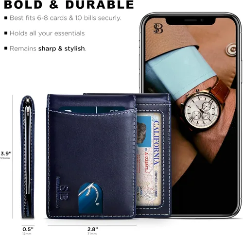 Vista 5 de SERMAN BRANDS Billeteras minimalistas de bolsillo frontal con bloqueo RFID para hombres con clip de dinero, regalo fino