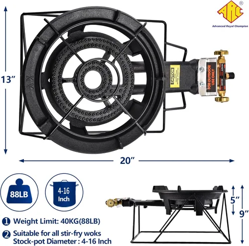 Vista 2 de ARC - Estufa de propano para exteriores, quemador de propano individual de 33 cm, portátil, hierro fundido, con soporte resistente, anillos