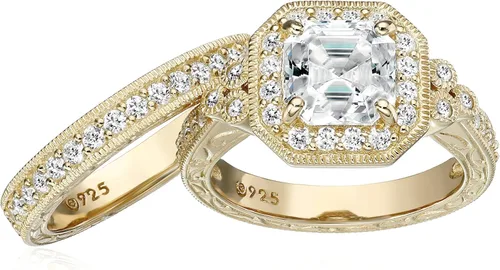 Vista 3 de Conjunto de dos anillos de corte Asscher con forma de corazón con cristales Swarovski Zirconia enchapados en oro o plata (4.5 cttw)