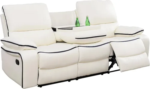 Vista 5 de Juego de sofá reclinable de cuero, juego de sofá manual para sala de estar, juego de muebles de sala con consola de almacenamiento y portavasos