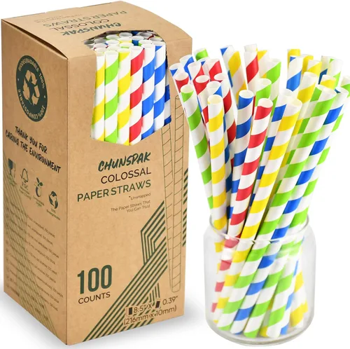 Vista 9 de Pajitas desechables de papel a rayas coloridas de 6 pulgadas, 100 unidades para batidos, batidos y bebidas gruesas, biodegradables