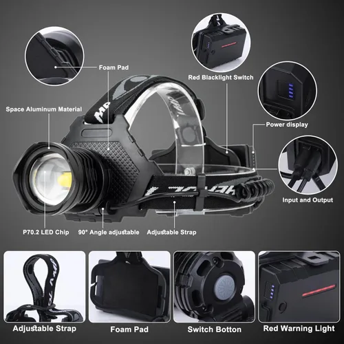 Vista 5 de Linterna frontal recargable, 3000 lúmenes, faros delanteros LED recargables con 10 modos, faros delanteros brillantes ajustables de 90°