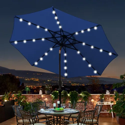 Vista 111 de Blissun Sombrilla solar de 9 pies, sombrilla de patio con 32 luces LED, sombrilla de mercado de mesa, sombrilla al aire libre para jardín, terraza