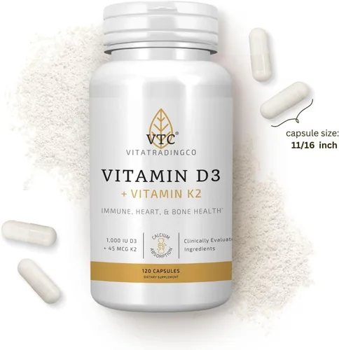 Vista 7 de VTC VitaTradingCo. Vitamina D3 + K2 Formas bioactivas de alta potencia 1000iu D3 + 45mcg MK-4 K2 Aumenta la absorción de calcio Soporte