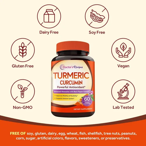 Vista 5 de Doctor's Recipes Curcumina de cúrcuma con extracto de pimienta negra, suplemento de cúrcuma de alta absorción de ultra potencia con 95%