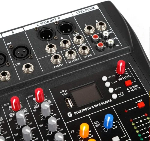 Vista 8 de Consola de mezcla profesional de 8 canales Mezclador de audio Bluetooth Digital USB MP3 Entrada 48V Phantom Power Estéreo DJ Studio Audio Mezclador