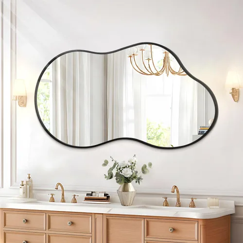 JJUUYOU Espejo de pared irregular con marco de metal negro, espejos decorativos asimétricos de baño, grandes de 20 x 36 pulgadas para sala de estar,