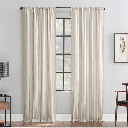 Vista 14 de Archaeo Cenefa de cortina de algodón a rayas con textura Slub, 52 x 14 pulgadas, negro/blanco