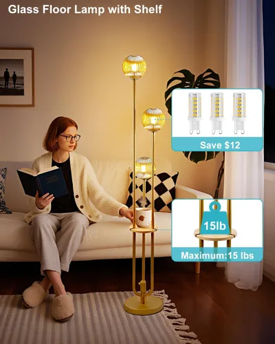 Vista 4 de Lightdot Lámpara de pie de vidrio de 63 pulgadas para sala de estar, lámparas altas modernas de pie regulables con pantalla de vidrio transparente