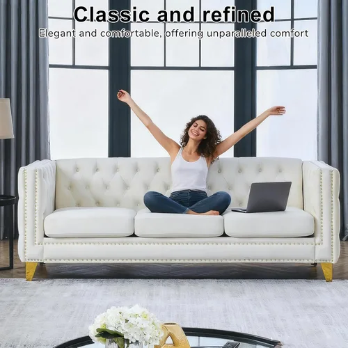 Vista 8 de Juego de 2 sofás de terciopelo beige de 81 pulgadas de 3 plazas, botones copetudos y brazo cuadrado, cabezas de uñas doradas con incrustaciones y 4