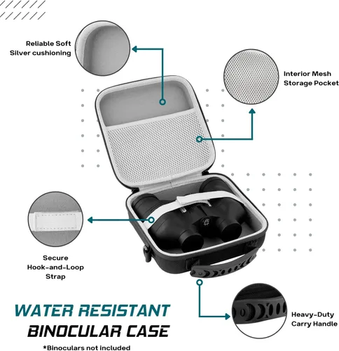 Vista 3 de Funda para binoculares con funda rígida de EVA resistente al agua (7 x 7 x 2.5 pulgadas), asa de transporte y correa de transporte para senderismo