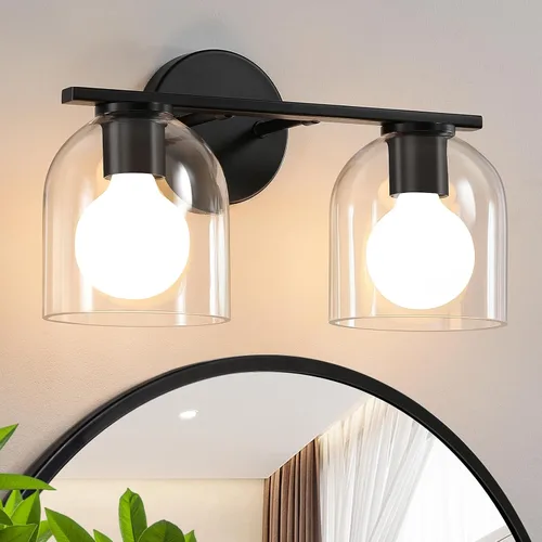 Vista 11 de WOSHITU Moderna lámpara de tocador de baño de níquel cepillado de 14.2 pulgadas: 2 apliques de luz con pantalla de vidrio transparente para espejo