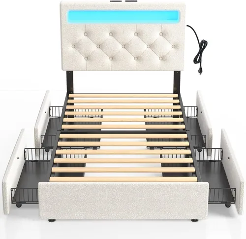 Vista 17 de Rolanstar Base de cama tamaño Queen con estación de carga, cama LED con almacenamiento debajo de la cama, cabecera ajustable de 38.9/40.8 pulgadas