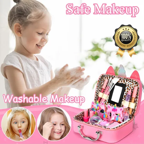 Vista 5 de Heaning Juguetes de maquillaje lavable para niñas - Kit de maquillaje real, juego de maquillaje para niños, princesa, disfrazarse, juguetes