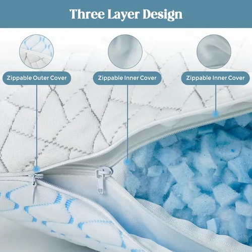 Vista 4 de WOLKI Juego de 2 almohadas de espuma viscoelástica de tamaño estándar, almohadas de espuma viscoelástica triturada de media luna, almohada ajustable