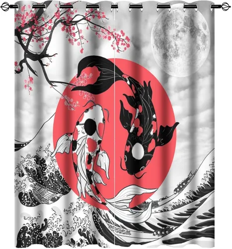 Vista 38 de Cortinas retro de pez japonés para dormitorio, estilo rústico, asiático, japonés, flor de cerezo, aislamiento térmico, oscurecimiento
