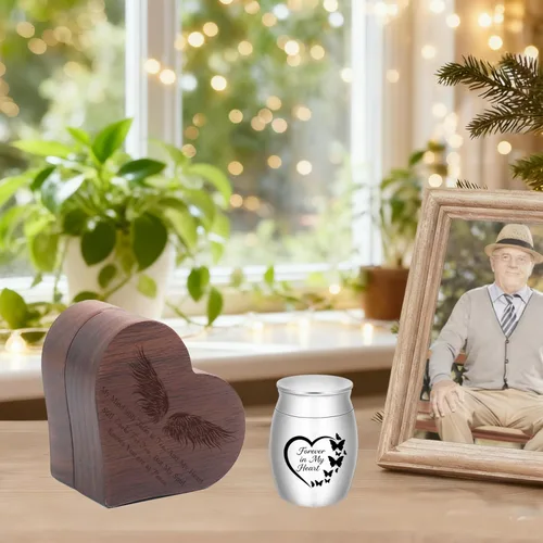 Vista 5 de Urnas pequeñas para cenizas, caja de recuerdo de madera en forma de corazón con ala de ángel, mini urnas de recuerdo de cremación, urna