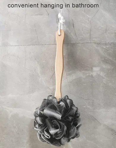 Vista 7 de Esponja de ducha, esponja de lufa en un palo, esponja de malla suave de polietileno con mango de madera, esponja de baño para mujeres y niños (negro)