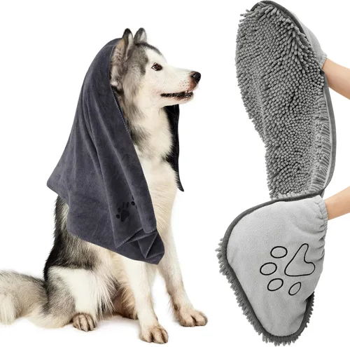HOMEIDEAS Juego de 2 toallas para perro, chenilla y microfibra, toalla de baño suave súper absorbente con bolsillos para las manos para secar