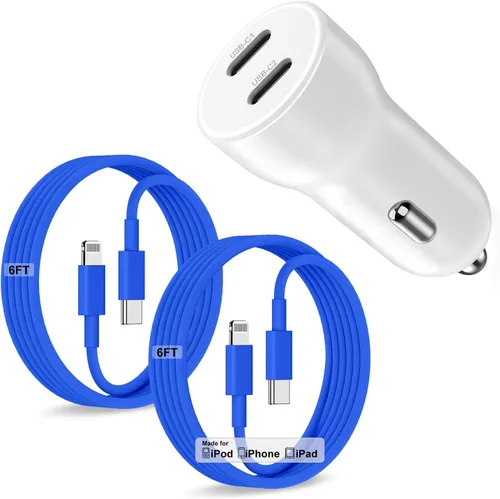 Vista 12 de Cargador de coche para iPhone 14 13, [certificado Apple MFi] Adaptador rápido USB C de 45 W de doble puerto USB C para automóvil con cable Lightning